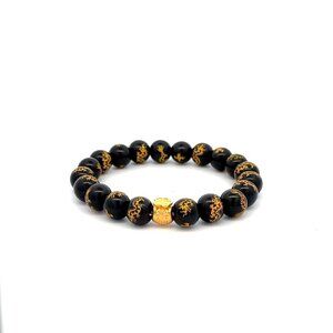 24K Yellow Gold Money Bag Lucky Bracelet Gemstones Black Agate 7.5-8mm